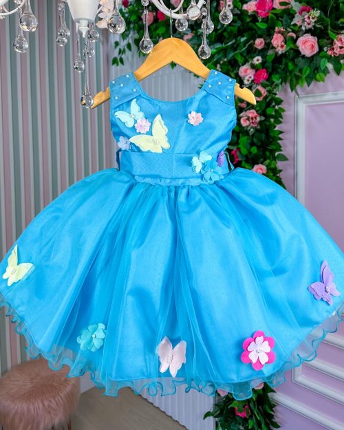 Vestido Princesa Belli Anabel Jardim Encantado Azul Turquesa