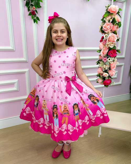 Vestido Infantil Temáticos Luxo Roblox Rosa