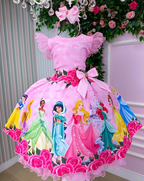 Vestido Tematicos Luxo Princesas Disney Rosa Manga Tule