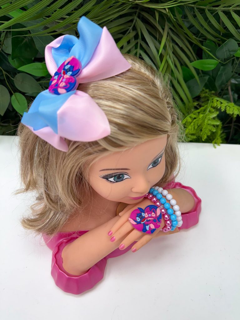 Laço Belli Tematico Stitch e angel + Pulseira Rosa e Azul